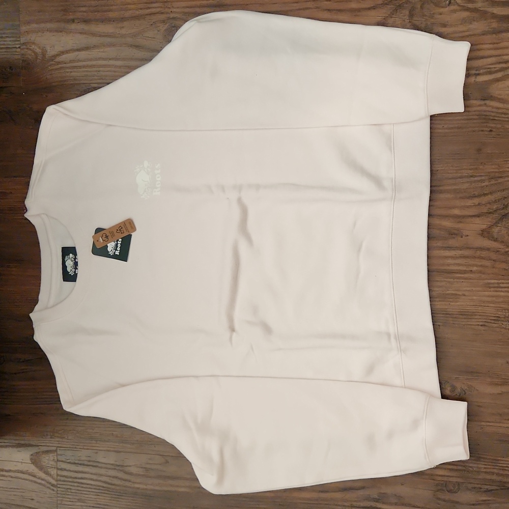 NEW ROOTS Women's Cooper Relaxed Crew Sweatshirt In Pale Pink sz LARGE